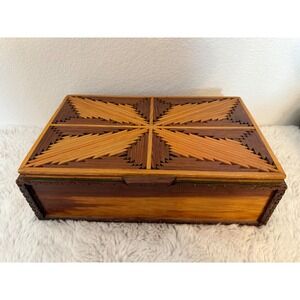 Antique tramp art wooden Box with Intricate Inlay Design Trinket Jewelry Storage